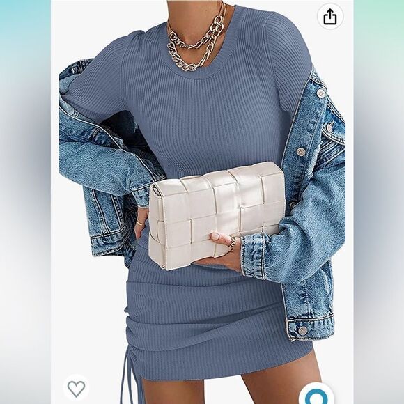 NENONA Ruched Midi Dress Long Sleeve Side Drawstring Ribbed Knit Bodycon Dress - Picture 9 of 11